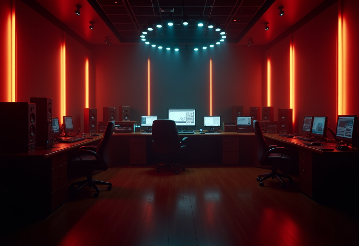 dark cinematic radio studio with neon orange accents