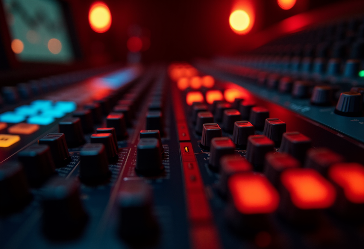 dark cinematic radio studio with neon orange accents