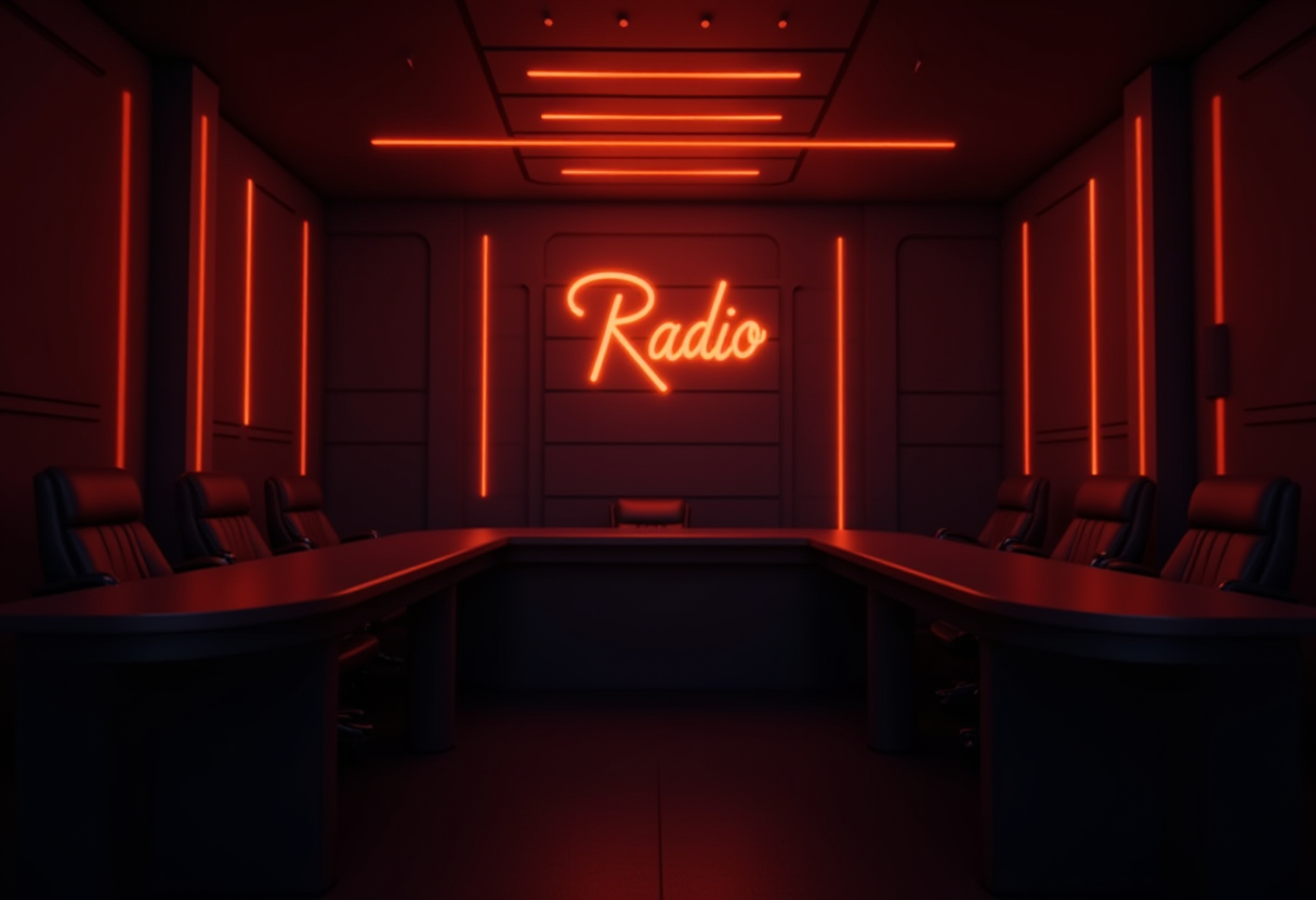 dark cinematic radio studio with neon orange accents