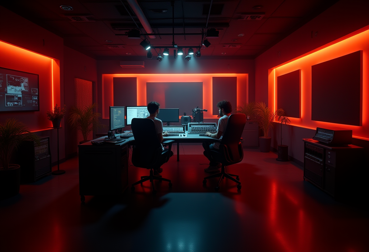 dark cinematic radio studio with neon orange accents