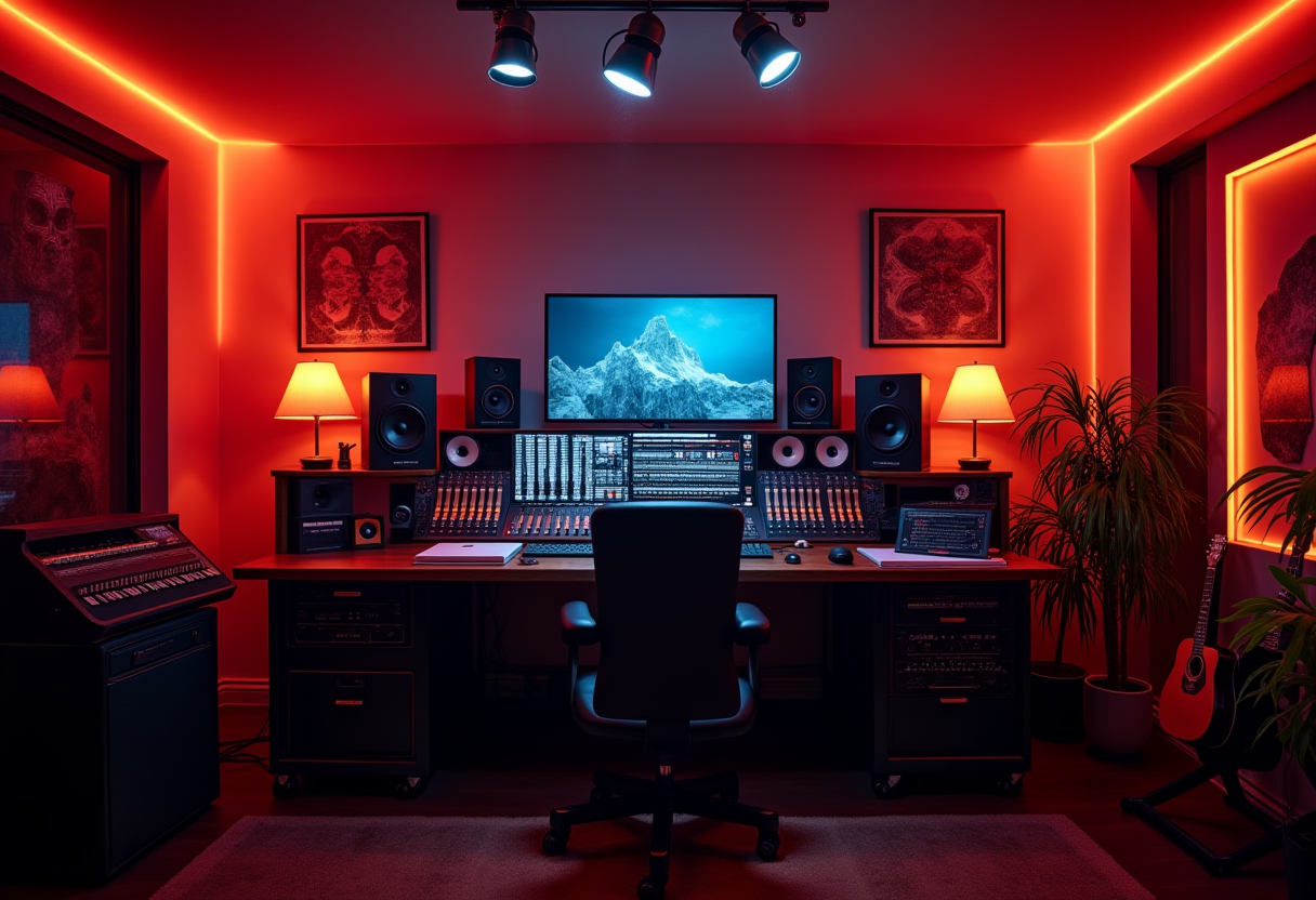 dark cinematic radio studio with neon orange accents